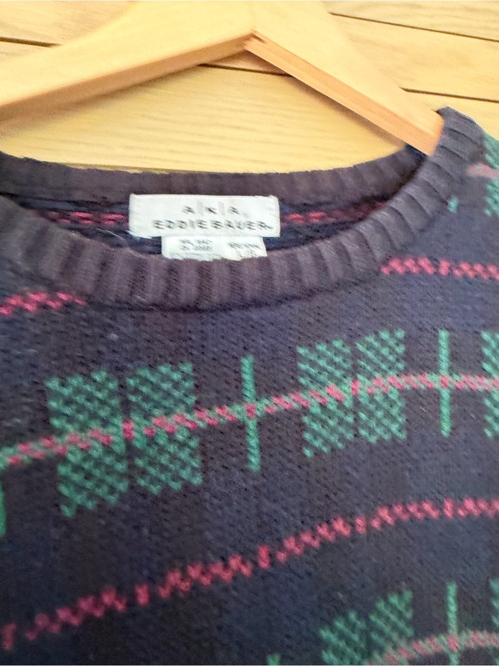 Vintage AKA Eddie Bauer Navy Crewneck Sweater Plaid Cotton / Large - Picture 4 of 11